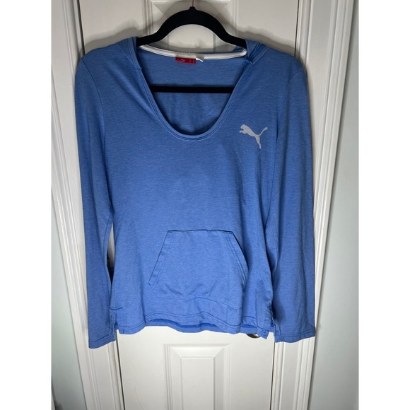 Puma Tops - Puma Womens Blue Striped Long Sleeve Hooded Top Scoop Neck Kangaroo Pocket M